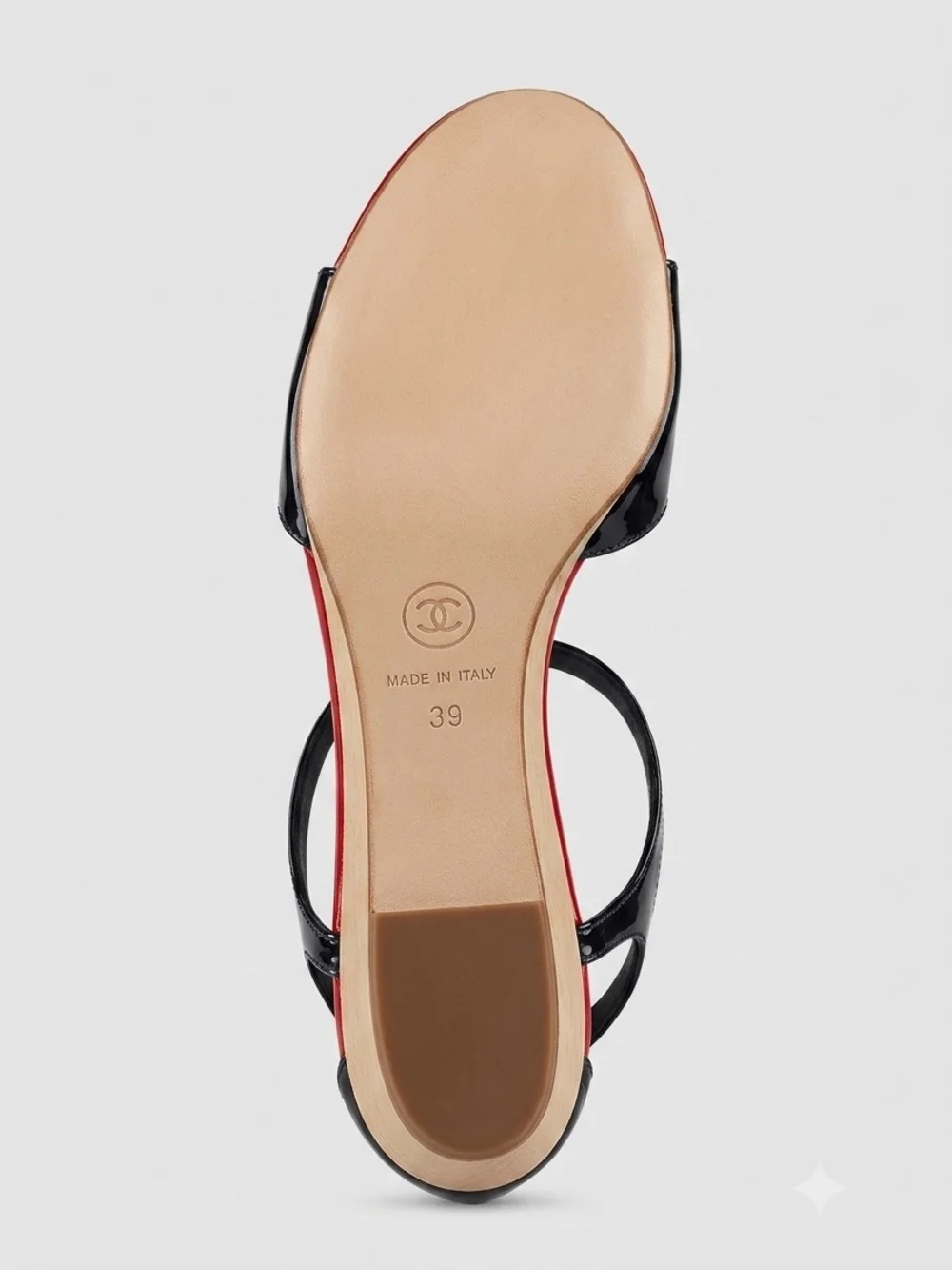 Chanel Navy and Red Patent Leather Sandals with Silver CC Logo